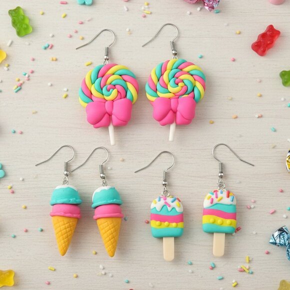 🆕️Cute Cartoon Earrings Set - Ice Cream, Lollipop & Popsicle 🎉 Fun Gift Idea! - Picture 1 of 15